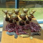 Zdjęcia z ceremonii zakończenia zawodów pływackich dzieci i młodzieży. Uczestnicy odbierają medale i puchary oraz pozują na podium. W wydarzeniu biorą udział zawodnicy, organizatorzy i kibice zgromadzeni na pływalni.